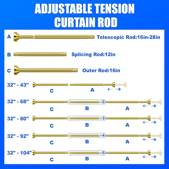 Ausemku Shower Curtain Rod - 32-43 Inch Rustproof Tension Rod, Non-Slip Spring Design, No Drilling Adjustable Curtain Rod for Bathroom, Kitchen, and Closet（Gold）