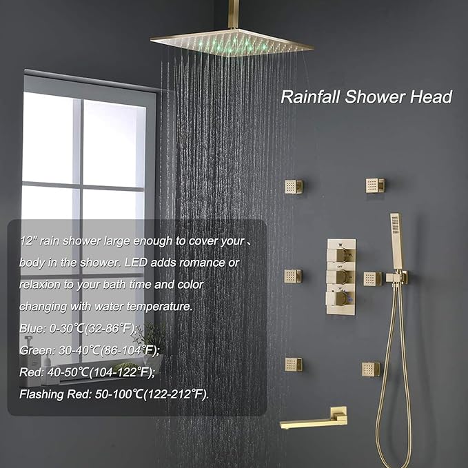 Shower Set Brushed Gold Thermostatic Shower System with Tub Spout, with 12 inch Ceiling Mount Shower Head and 6 PCS Body Jet, Handheld Spray
