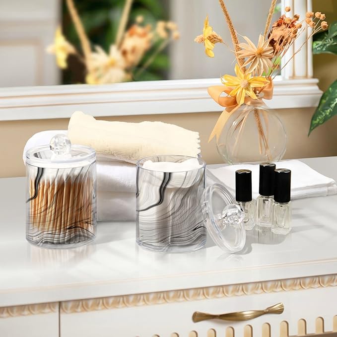MNSRUU 4 Pack Qtip Holder Organizer Dispenser Fashion Grey Marble Bathroom Containers Bathroom Vanity Storage Canister Apothecary Jars for Cotton Swabs/Pads/Floss