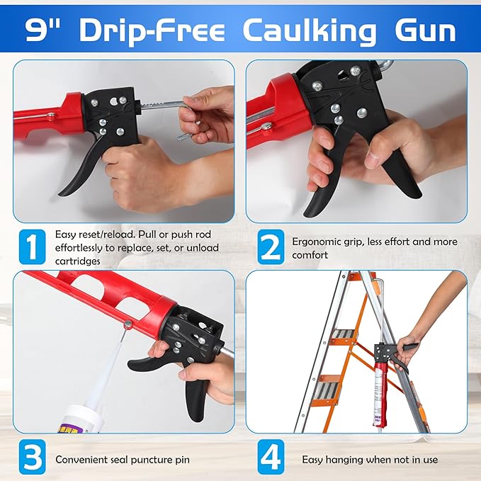 Drip-free Caulking Gun Ratchet Rod Caulk Gun Applicator 15:1 Thrust Ratio Labor-saving Lightweight Nylon Frame Cartridge Gun Fits 10oz/310ml Standard Caulk Tubes with Silicone Finishing Tools