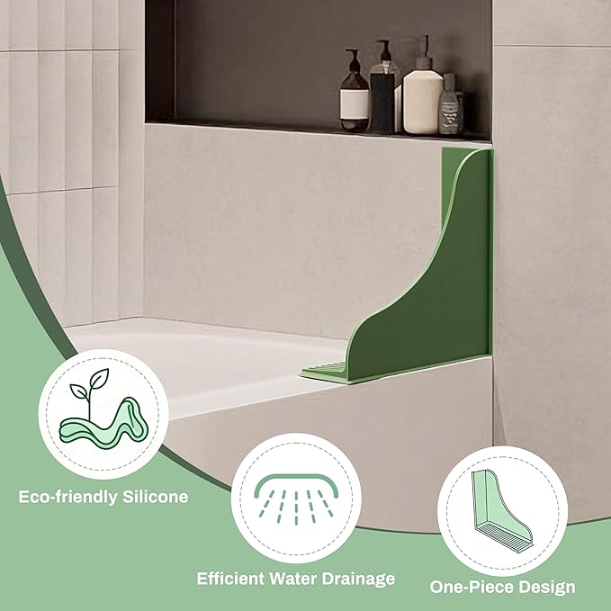Roslim 2-Pack All-Silicone Shower Splash Guard, Bath Tub Corner Water Blocker with Strong Suction Cups, Reusable & No Sticky Adhesive, for a Secure Seal & Easy Removal, One-Piece Design, Olive Green