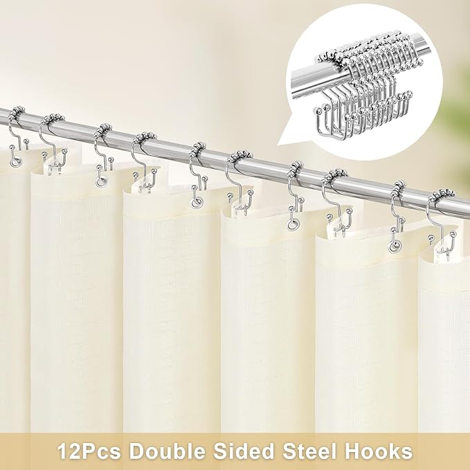 MitoVilla 3 in 1 Shower Curtain Set, Cream Boho Farmhouse Linen Textured Bath Curtain and Clear PEVA Liner Set with 12 Double Sided Steel Hooks, Waterproof Fabric Hotel Bathroom Curtain - 72x72