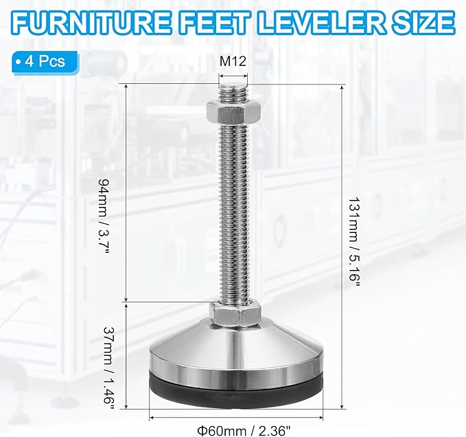 PATIKIL Furniture Leveling Feet 2.4" Dia Base M12 Thread, 4 Pcs Carbon Steel Adjustable Threaded Furniture Levelers Screw on Leg Leveler with Pads for Desk Chair Cabinet, Black/Silver