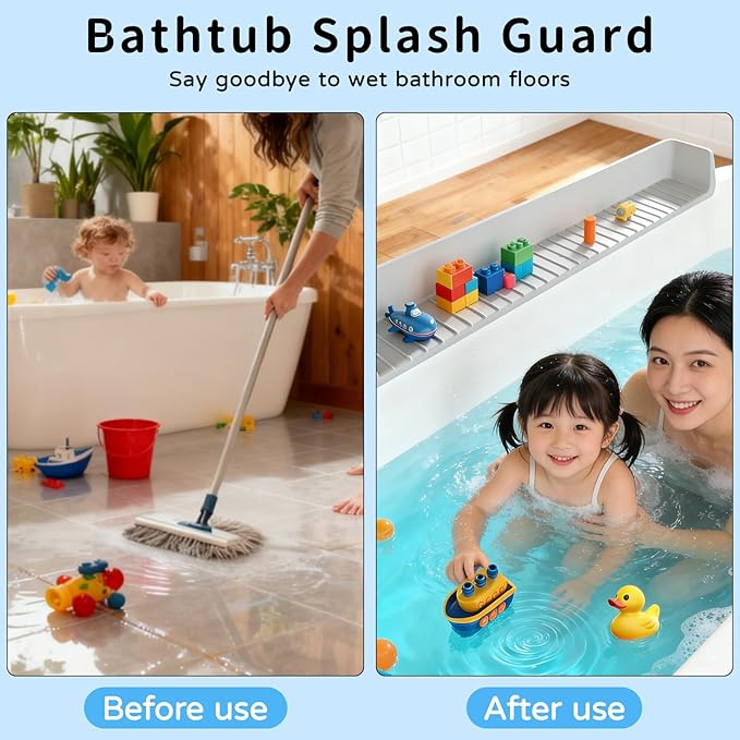 Splash Guard for Bathtub, Bathtub Splash Guard with 11 Suction, Tub Splash Guard Kids Cups Foldable, Effectively Prevents Water Splashes, Keeping Your Bathroom Dry, 2.62-FT (Greyish-White)