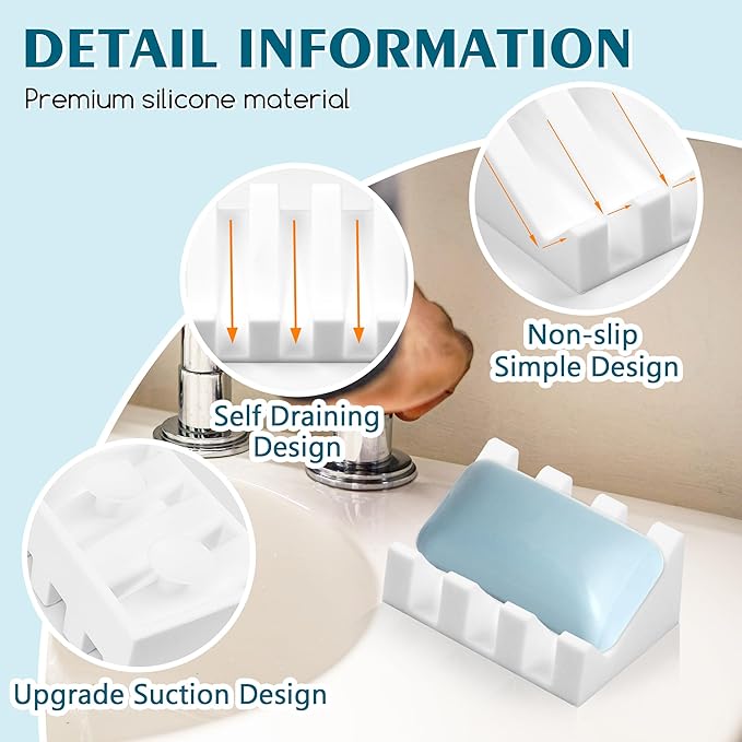 Silicone Soap Dish with Drain, Upgrade Double Suction Cups at The Bottom for Anti-Slip and Stability, Soap Dish Shower Waterfall Bar Soap Holder Tray with Drain Soap Holder (1, White)