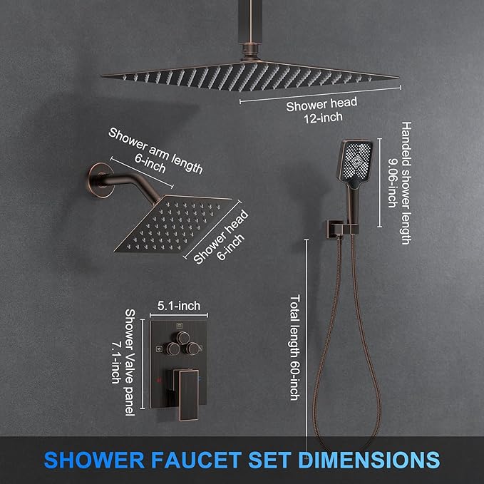 Shower Faucet Set, 12" Ceiling Mount Rainfall Shower System with 2 Rain Shower Head and Multi-function Handheld Head Push Button Diverter Shower Faucet Trim Kit (12", Oil Rubbed Bronze)