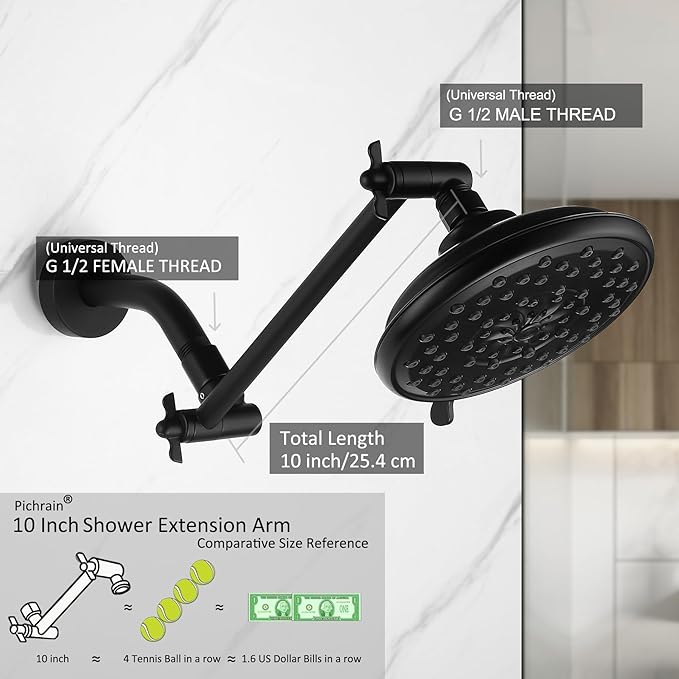 Shower Extension Arm for Rain Showerheads, Angle & Height Adjustable, Universal Connector, Easy to Install - Matte Black, 10 Inch