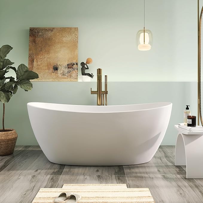 65" Premium Solid Surface Freestanding Bathtub, Contemporary Design Stand Alone Stone Resin Tub with Overflow and Pop-up Drain, Matte White