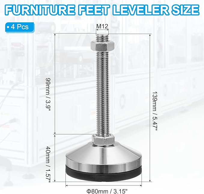 PATIKIL Furniture Leveling Feet 3.2" Dia Base M12 Thread, 4Pcs Carbon Steel Adjustable Threaded Furniture Levelers Screw on Leg Leveler with Pads for Desk Chair Cabinet,Black