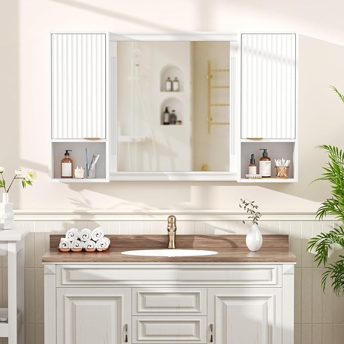 59.1" Tall Slim Bathroom Storage Cabinet White | Freestanding or Wall Mounted Modular Cabinet, Fluted Panel Linen Tower with Adjustable Shelves for Small Spaces