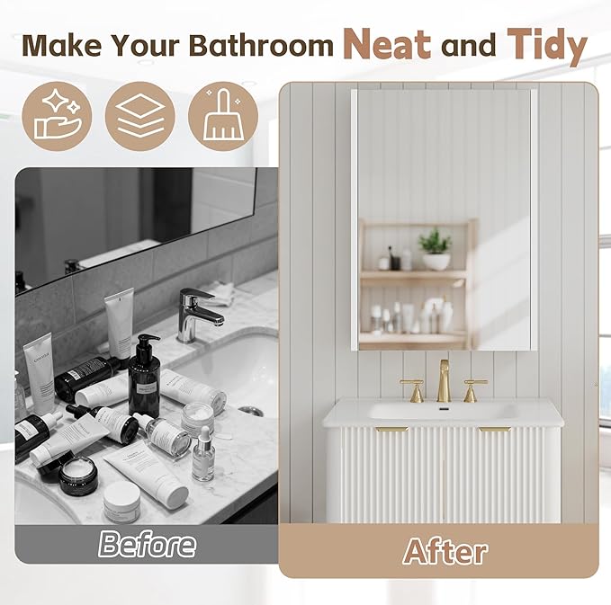 Lighted Bathroom Medicine Cabinet with Mirror，20 x 28 Inch Wall-Mounted Bathroom Wall Cabinet with Storage, LED Lights, Adjustable Shelves,White