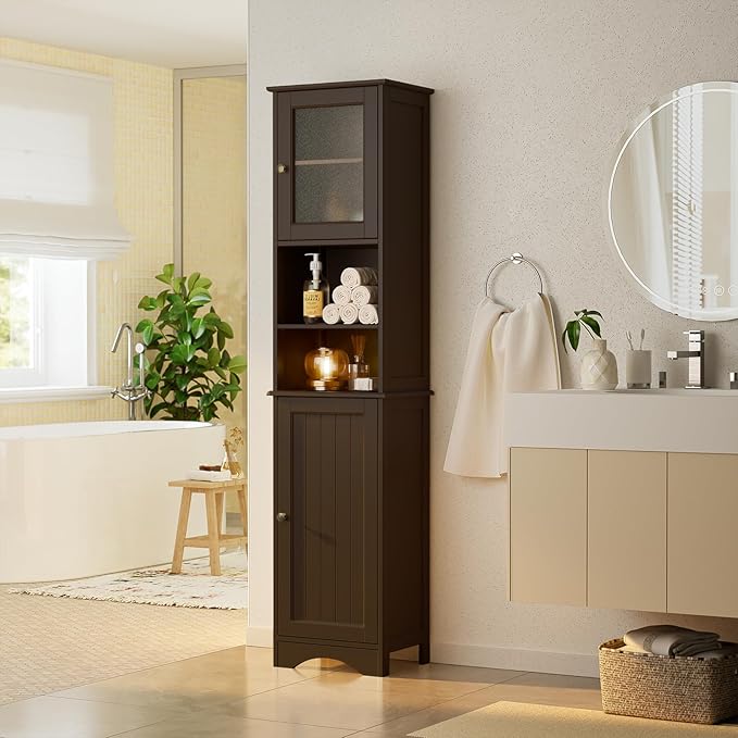 Gizoon Tall Bathroom Storage Tower, Freestanding Linen Cabinet with Two-Way Doors, Adjustable Shelves, Anti-Tip Floor Cabinet, for Home, Kitchen, Living Room, Dark Brown