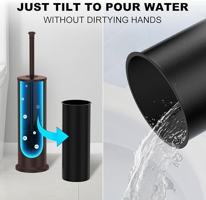 Bronze Toilet Brush and Holder，Extra Long Handled Toilet Brush for Bathroom，Stainless Steel Heavy Duty Toilet Bowl Brush,Removable Inner Bowl,Deep Cleaning Dense Bristles Cleaner Brush -Space Saving