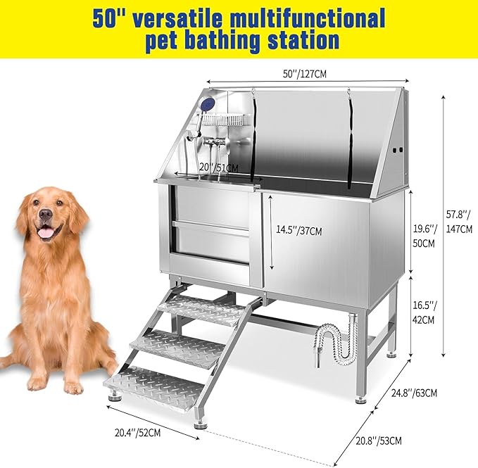 50" Stainless Steel Dog Washing Station, Pet Grooming Tub with Hot/Cold Faucet & Showerhead, Non-Slip Stairs for Small/Medium Dogs & Cats