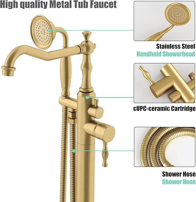 Hoimpro Free Standing Tub Faucet Freestanding Tub Filler Bathtub Faucet Stand Alone Floor Mounted Bathtub Faucet Set Handheld Sprayer Brass Brushed Gold
