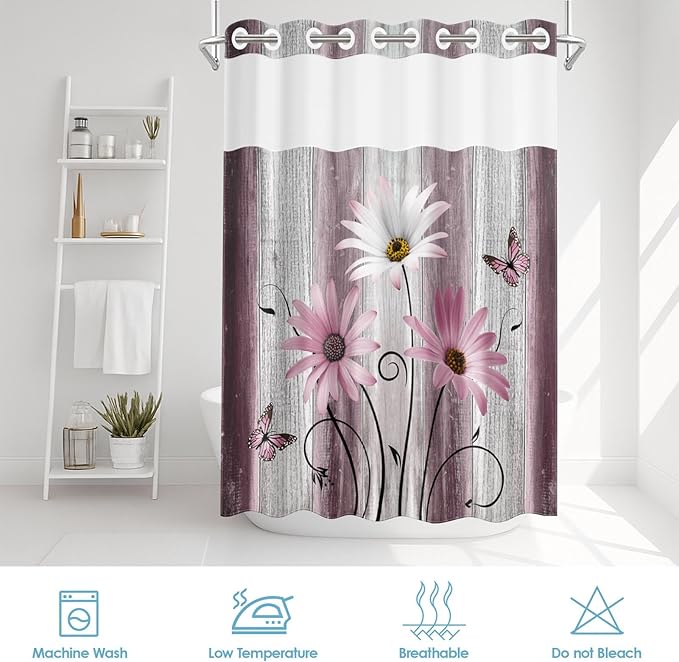 No Hook Flower Daisy Shower Curtain with Snap in Fabric Liner Set, Pink Rustic Farmhouse Double Layers Waterproof Fabric with See Through Top Window Open Grommet Bath Curtain 71x74 Inch