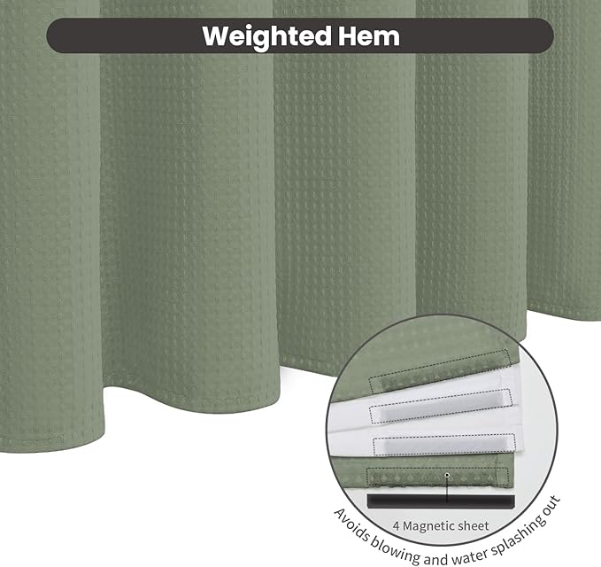Inhousolu No Hook Waffle Weave Shower Curtain with Removable Snap in Fabric Liner Set for Bathroom, 230 GSM Heavy Duty Weighted Hem, Water Repellent Washable Bath Curtains, 72 x 78 Inch, Sage Green