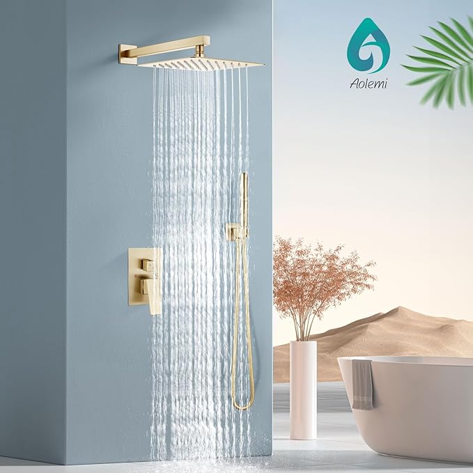 Aolemi Shower Faucet Set, High Pressure Shower System with 2-in-1 Handheld Sprayer, Wall Mount Fixture Combo with Rough-in Valve, 10 Inch Shower Head, Brushed Gold