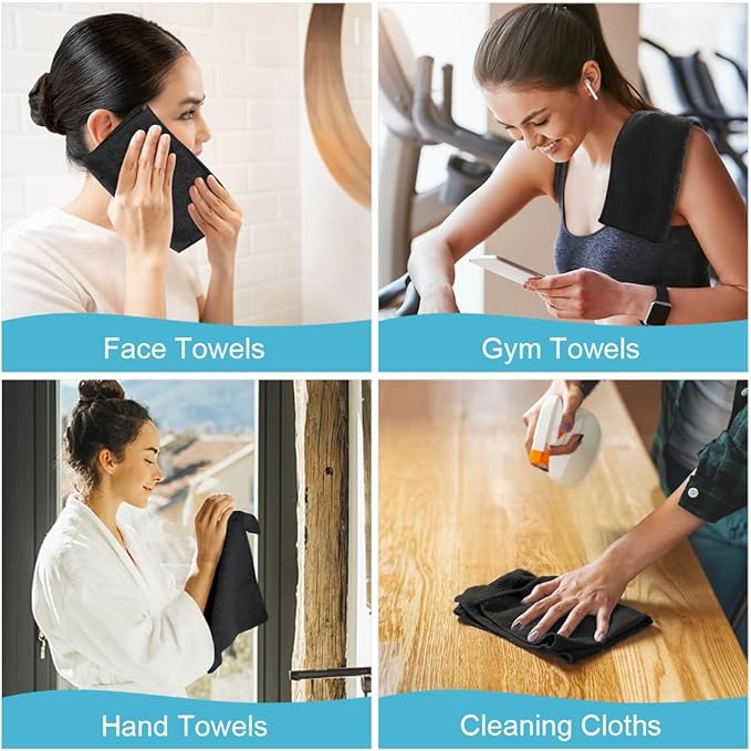 Orighty Washcloths Towels Set 20 Pack, Highly Absorbent and Soft Feel Microfiber Face Cloths, Multi-Purpose Wash Cloths & Hand Towels for Bathroom, Hotel, Spa, and Gym, 11.5x11.5 Inch, Black