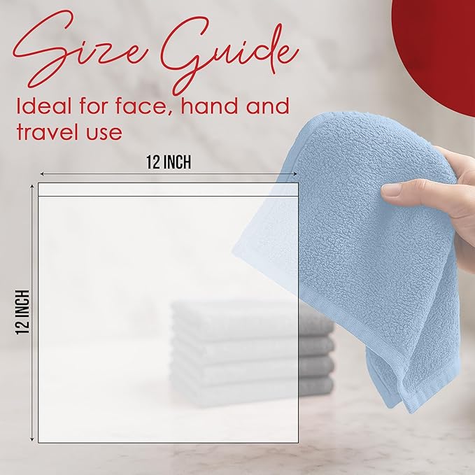 RIVERSIDE 12 Pack Washcloths - 12x12 Inches, 400 GSM, 100% Ring-Spun Cotton - Soft, Absorbent & Durable Face and Body Towels - for Bathroom, Spa, Gym, Makeup Removal & Everyday Use - Medium Blue