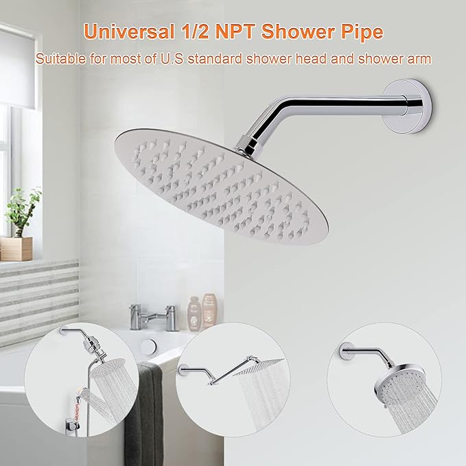 HarJue Shower Arm with Flange and Teflon Tape, Wall Mounted Shower Pipe 304 Stainless Steel Extension Arm for Fixed Shower Head & Handheld (10 Inch, Chrome)