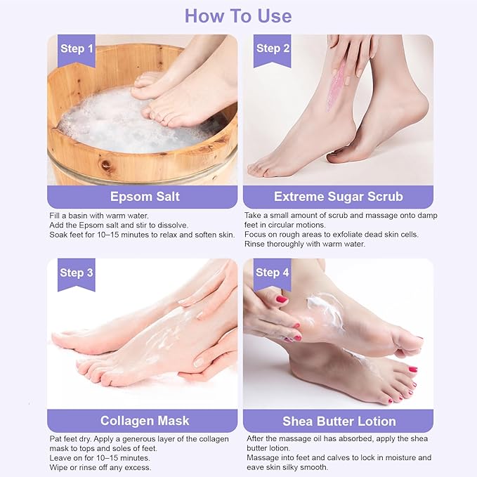 Epsom Salt Soak, Callus Remover Gel, Extreme Sugar Scrub, Collagen Mask & Shea Butter Lotion – Professional Spa Foot Care System 5 Step Luxury Pedicure Kit. Orange 12 Set