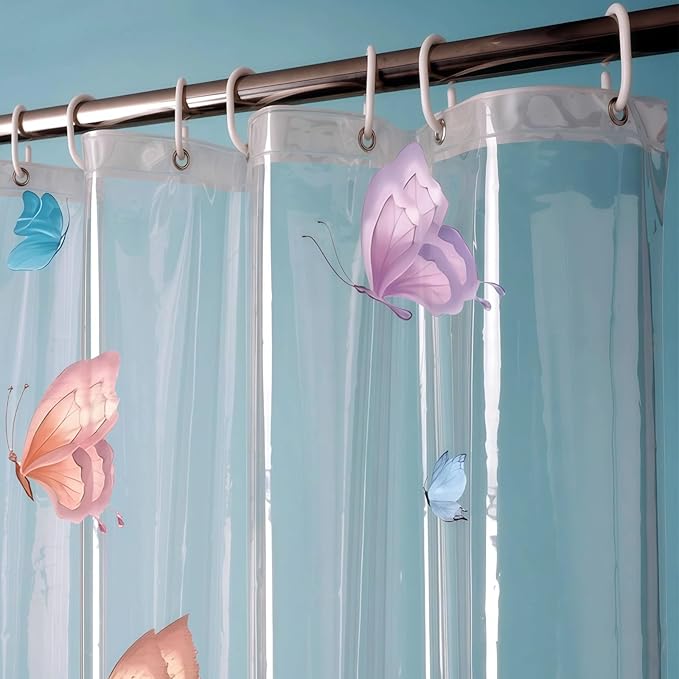Clear Butterfly Shower Curtain Liner, Colorful Plastic Transparent Pretty Shower Curtains for Bathroom, 72x72 Weighted Magnetic Shower Curtain Set with 12 Hooks