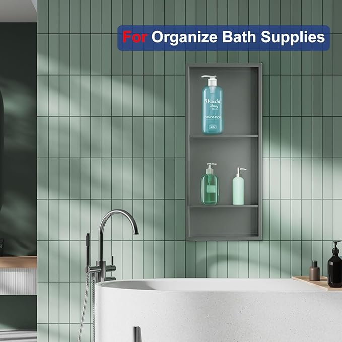 Shower Niche,12 * 30 Stainless Steel Elegant Bathroom Niche, No Tile Needed Recessed Shower Shelf Organizer for Storage,Grey