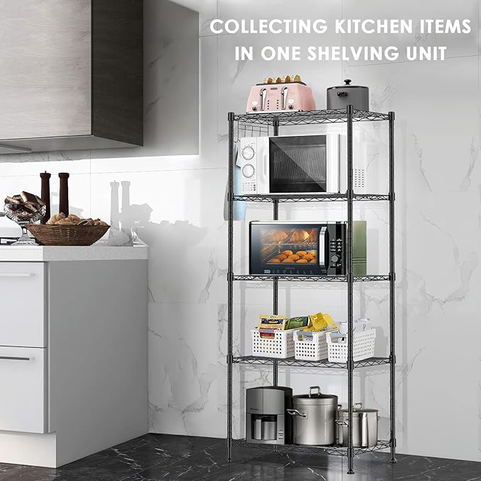 BNSPLY 5 Tier Wire Shelving Unit, Adjustable Wire Rack Shelving, Changeable Metal Wire Storage Shelves for Kitchen, Laundry, Bathroom, Balcony, Pantry (11.4" D x 21.3" W x 59" H, Black)