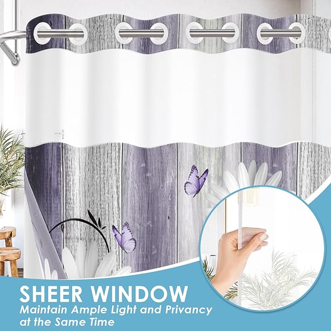No Hook Flower Daisy Shower Curtain with Snap in Fabric Liner Set, Purple Wooden Boards Double Layers Waterproof Fabric with See Through Top Window Open Grommet Bath Curtain 71x86 Inch