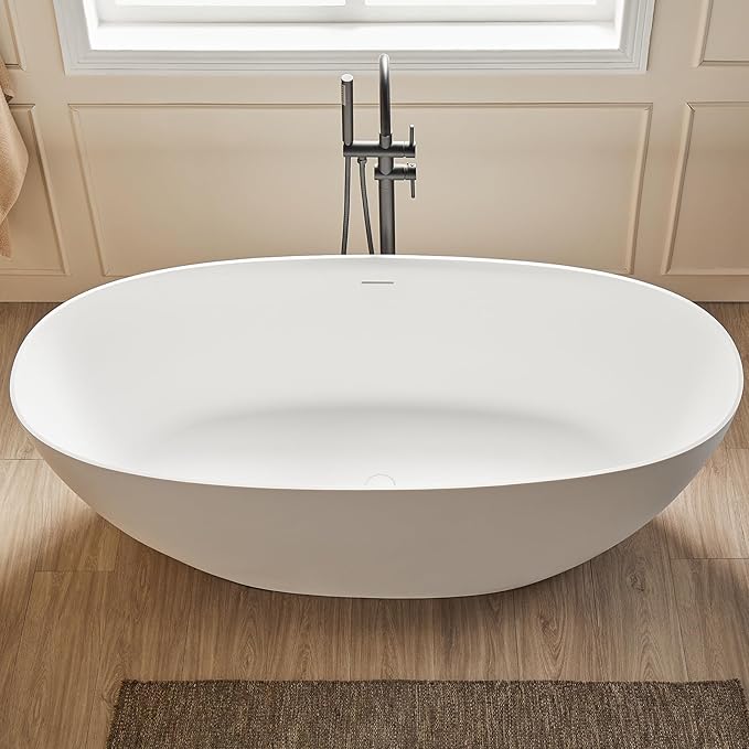 Cpingao 71" Stone Resin Freestanding Bathtub, Contemporary Oval Stand Alone Soaking Tubs, Solid Surface Bathtub with Drain & Integrated Slotted Overflow Matte White 8845-1800