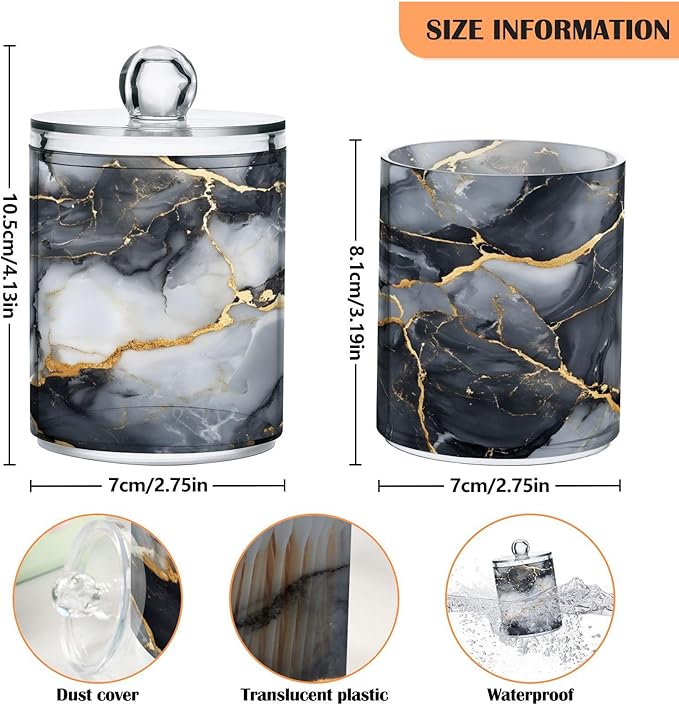 MNSRUU 4 Pack Qtip Holder Organizer Dispenser Abstract Black White Gold Marble Bathroom Containers Bathroom Vanity Storage Canister Apothecary Jars for Cotton Swabs/Pads/Floss