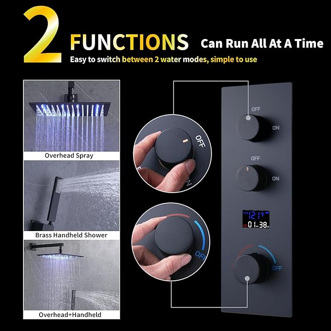 AYIVG 2 Way Pressure Balance Shower Diverter Mixing Valve Kit Digital Display Temperature Shower Valve Brass Matte Black Shower Rough-in Mixer Valve Concealed Shower Flow Control Replacement Valve