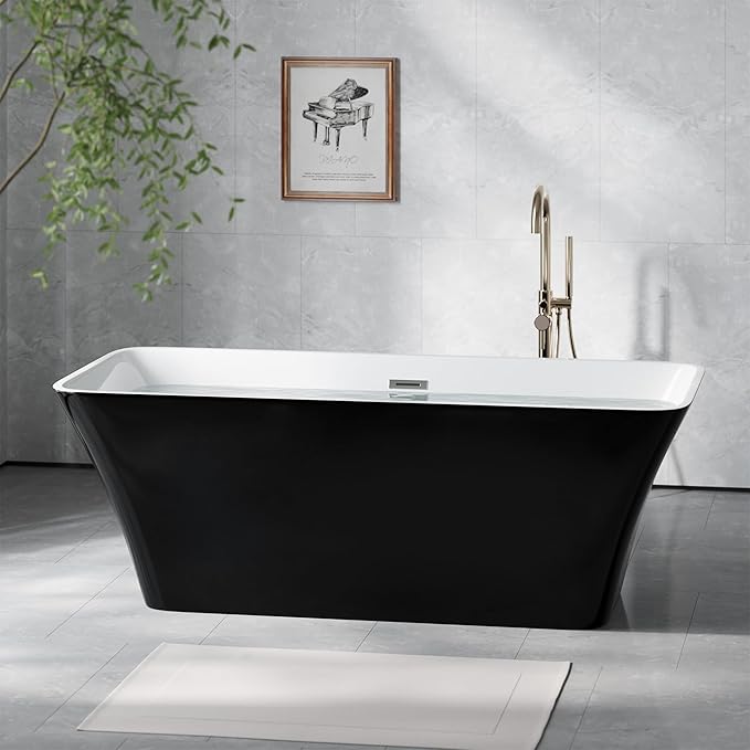 67" Acrylic Freestanding Bathtub - Glossy Black Rectangle Soaking Tub with Chrome Overflow & Drain Kit, CUPC Certified