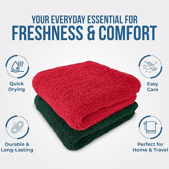 DAN RIVER 24 Pack Wash Cloths for Showering [12x12] - 100% Cotton Washcloths Premium Quality Flannel Face Cloths for Bathroom, Highly Absorbent and Soft Feel Wash Clothes, Red and Green