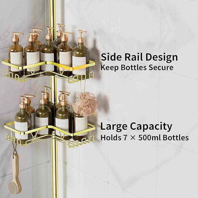 KEGII Corner Gold Shower Caddy Tension Pole - 4-Tier Rustproof Shower Rod Organizer, Floor to Ceiling Tension Rod 25-114.2 inch, Stainless Steel Corner Shower Shelf, Waterproof