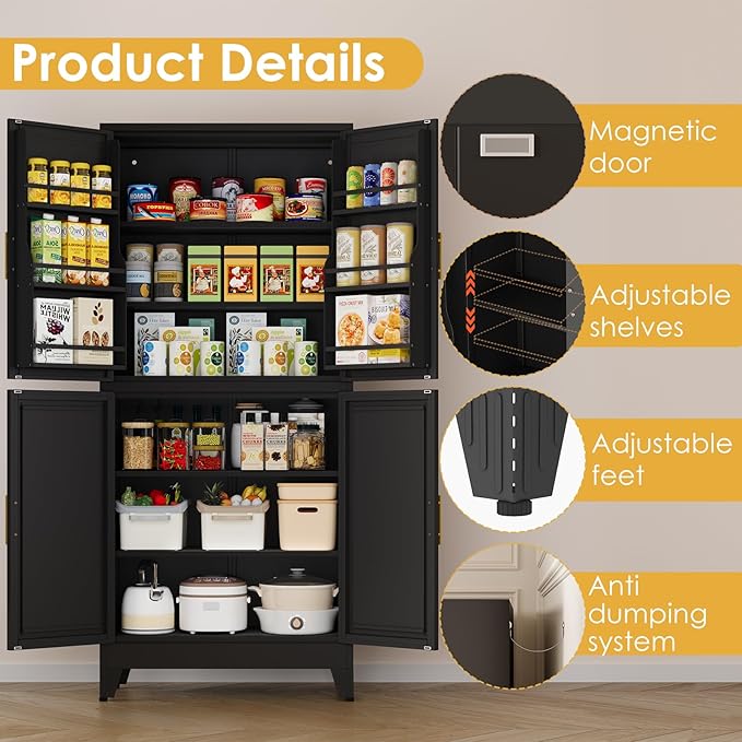 75" Tall Metal Kitchen Pantry Storage Cabinet, Freestanding Cupboard Storage Cabinet with 4 Doors and 4 Adjustable Shelves, Large Stand Up Food Cupboard for Dinning Room, Bathroom（Black）