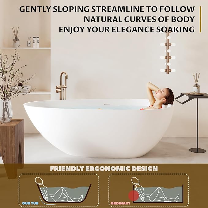 67 in Solid Surface Freestanding Bathtub, Contemporary Oval Shape Soaking Tub, Egg Shell Stone Resin Stand Alone Bathtub With Pop-Up Drain and Overflow, Cupc Certified,Matte White