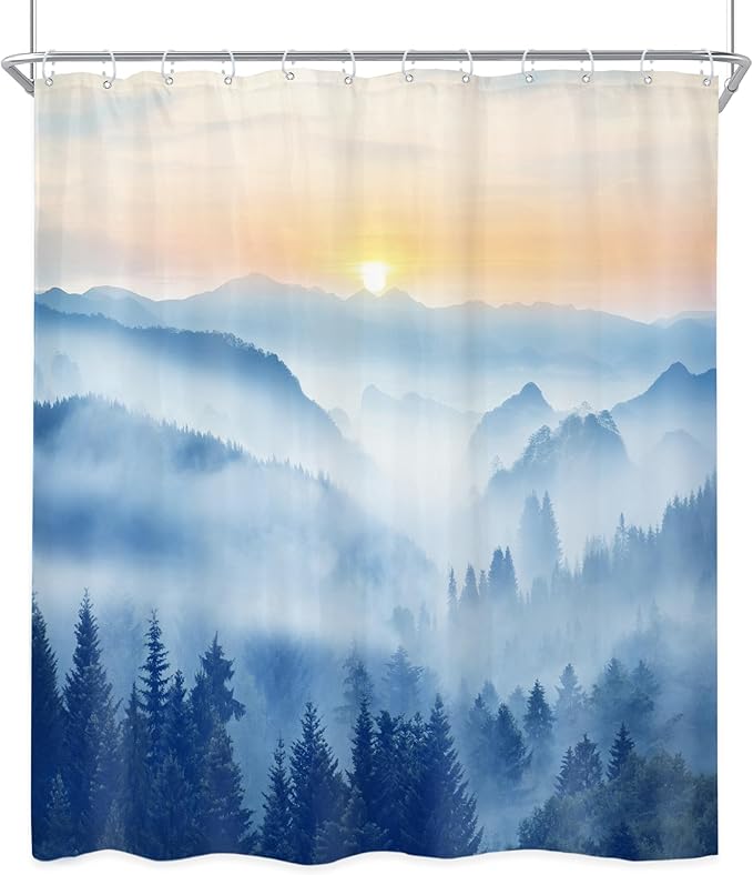 Riyidecor Misty Mountain Shower Curtain 60Wx72H Inch Blue Spring Scenery Sunrise Foggy Woodland Greenery Smokey Tree Nature Pine Scenic Bathroom Decor Fabric Polyester Waterproof 12 Pack Hooks