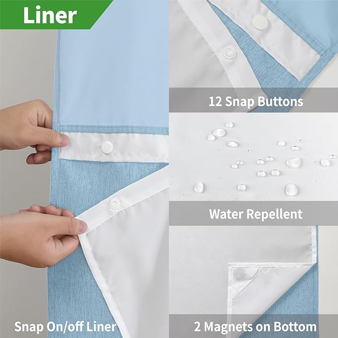 Extra Long No Hooks Needed Linen Textured Shower Curtain with Snap-in Fabric Liner Set,White Hotel Luxury Decor Shower Curtains for Bathroom,Waterproof & Washable,71Wx86H,Fog Blue