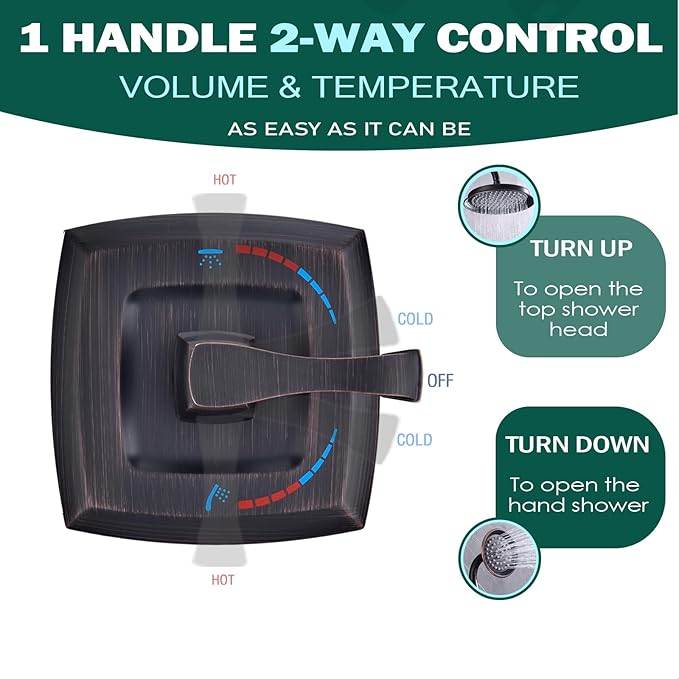 Oil Rubbed Bronze Shower Valve 2 Way Diverter with Single Handle Trim Kit, Dual-Function Pressure Balance Shower Faucet Control Kit Brass Rough-In 1/2" NPT Connection