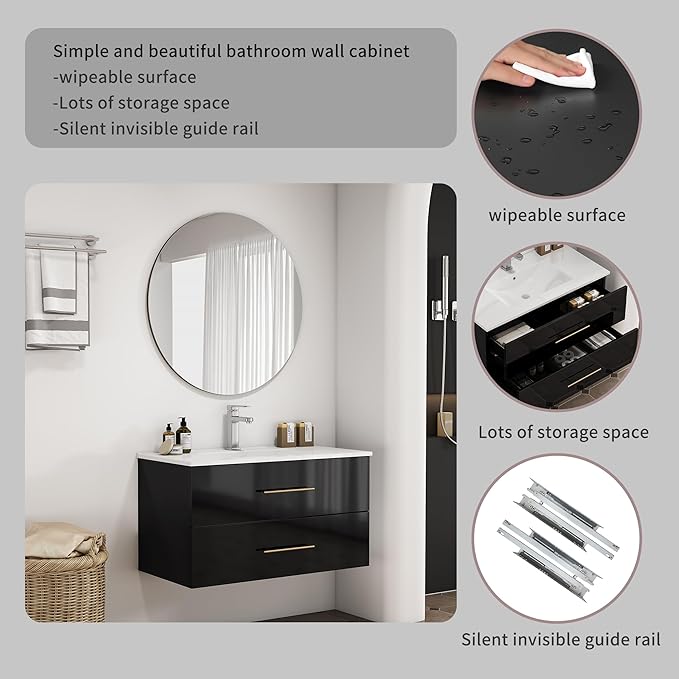 36" Wall Mounted Bathroom Vanity with Sink, High Gloss Black Floating Cabinet, Modern Gold Handles, 2 Soft Close Drawers, Integrated Ceramic Top for Powder Room