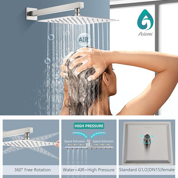 Aolemi Shower Faucet Set, High Pressure Shower System with 2-in-1 Handheld Sprayer, Wall Mount Fixture Combo with Rough-in Valve, 16 Inch Shower Head, Brushed Nickel