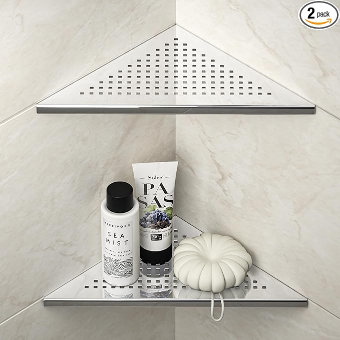 Corner Shower Shelf, 10" Polished 304 Stainless Steel Recessed Shelves for Bathroom, Grout in Shelf Racks for Tiled Wall, 2 Pack