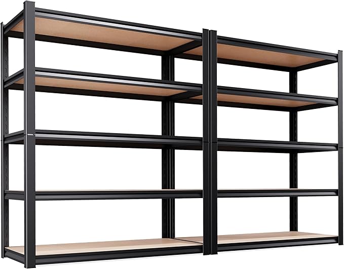 AOARGG Set of 2 Storage Shelves, 2500LBS Heavy Duty Garage Shelving, 5-Tier Metal Shelf, Adjustable Shelving Unit, for Kitchen, Basement, Warehouse, Pantry, 19.7" Dx45.6 Wx78 H, Black