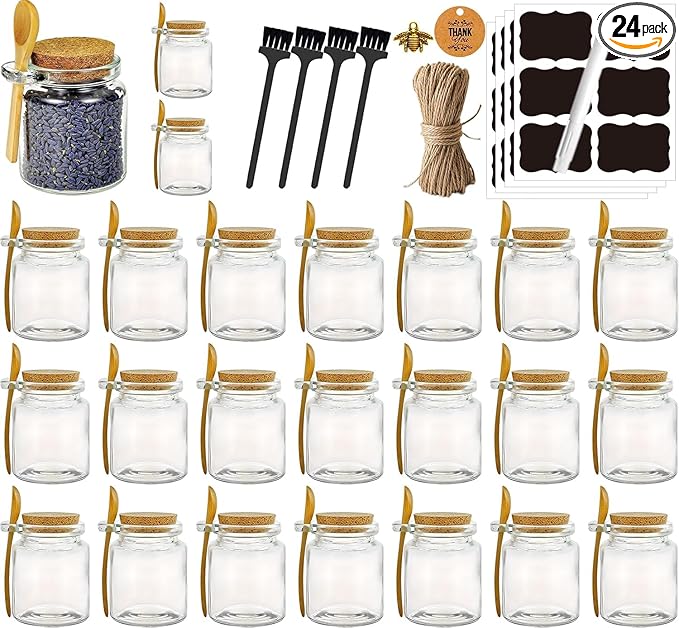 Ahhute Glass Sugar Scrubs Jars, Bath Salt Container, Snacks Spice Jars w/Bamboo Spoons, Honey Scrubs Body Butter Jar w/Corks, Labels and Cleaning Brush, Wedding Party Favors Gifts, 8oz 24 Pack