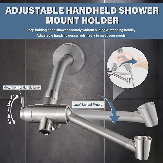 All Metal Shower Diverter Valve with Handshower Holder, YDmeet Upgraded 3 Way Shower Head Diverter for Handheld and Fixed Rain Showerhead, Universal G1/2 shower Diverter Bathroom Part, Brushed Nickel