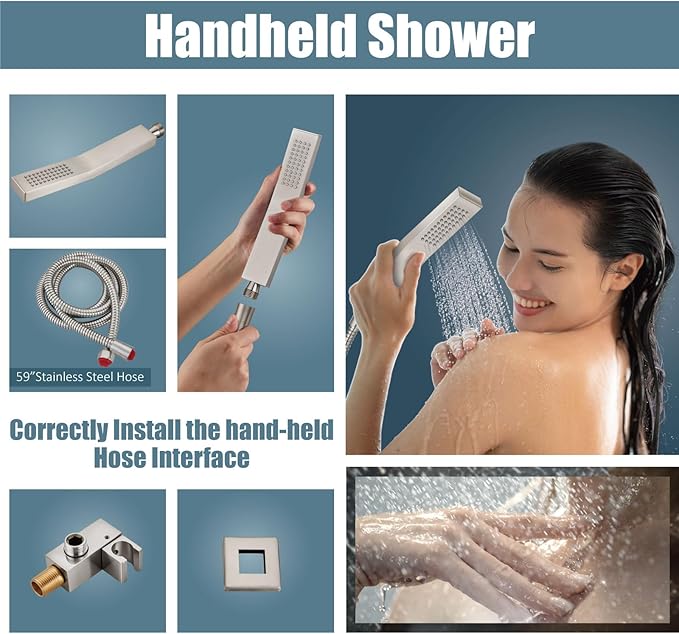Aolemi Ceiling Mount Shower System Rain Shower Head with Handheld Spray High Pressure Shower Faucet Set Rough-in Valve Shower Trim Kit Included Bathroom Brushed Nickel 16 Inch Ceiling Shower Head