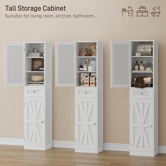 67" H Tall Bathroom Cabinet, Narrow Storage Cabinet with 2 Barn Doors and 1 Drawer, Freestanding Floor Cabinets with 6 Shelves for Bathroom, Living Room, Kitchen, White