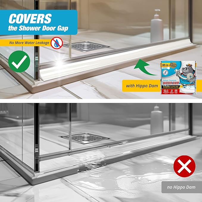 Shower Threshold Water Dam Barrier 85" - White Collapsible Shower Water Blocker - Guard for Walk in Shower - Water Guard Stopper for Floor - Shower Door Water Blocker by Hippo Dam